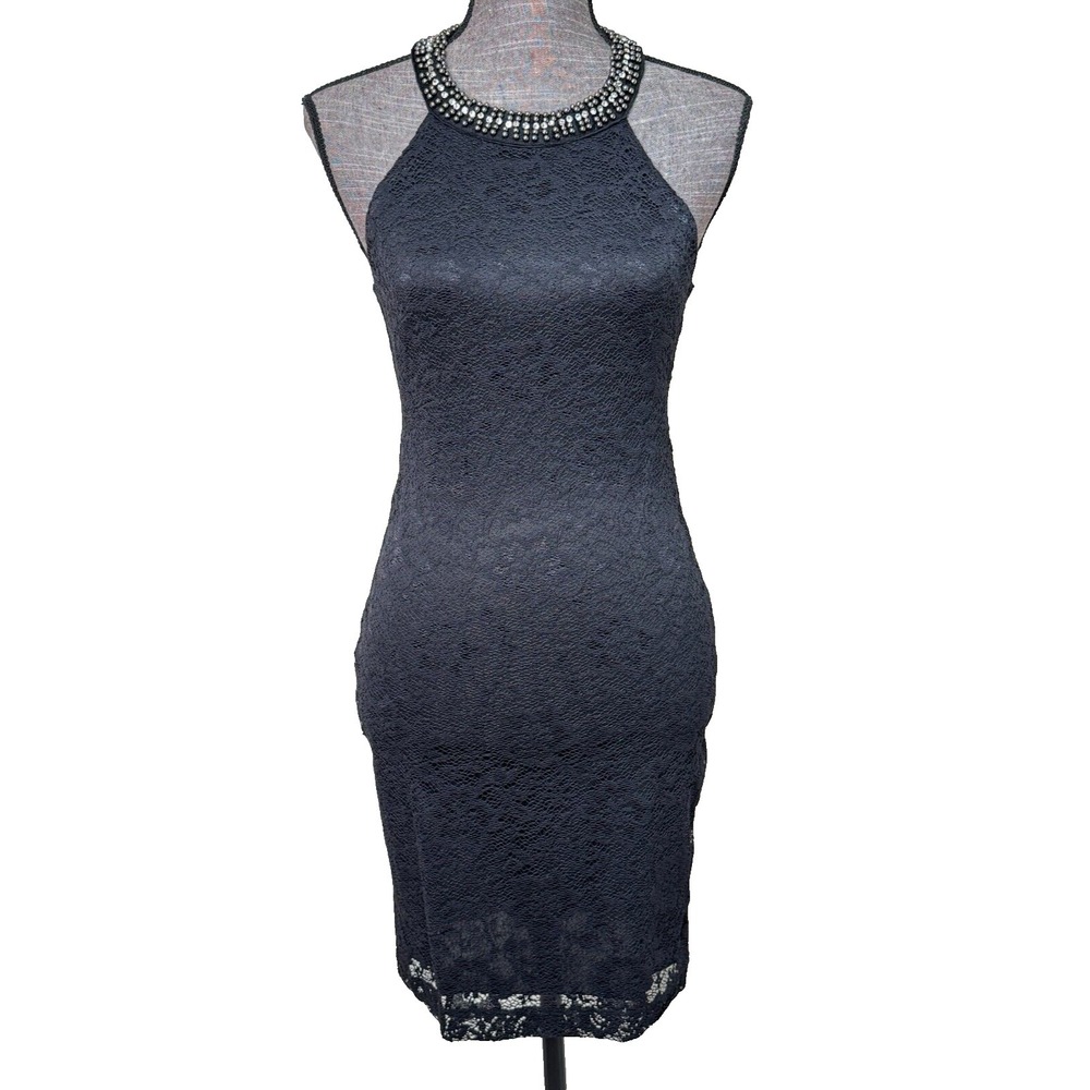 Vtg Y2K B. Smart Dress Womens 7/8 Black Lace Beaded Collar Racerback Romantic